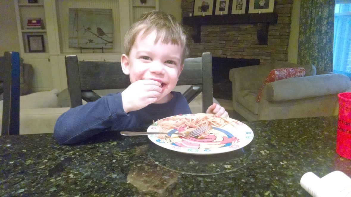 My kids insisted since we had "breakfast for dinner" we should have "spaghetti for breakfast"